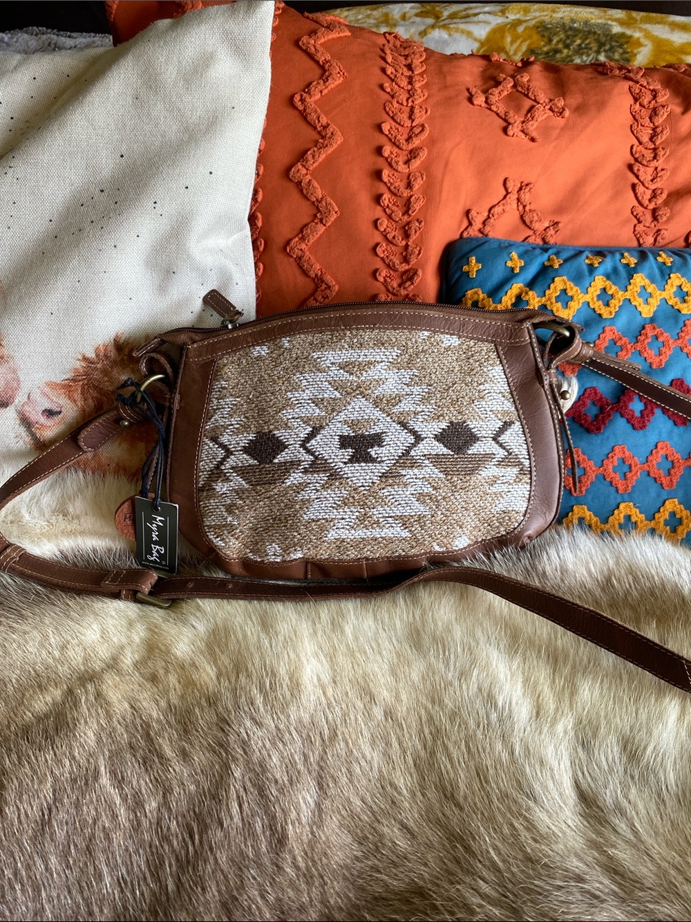 Myra Brown Leather Crossbody with Woven Aztec Panel
